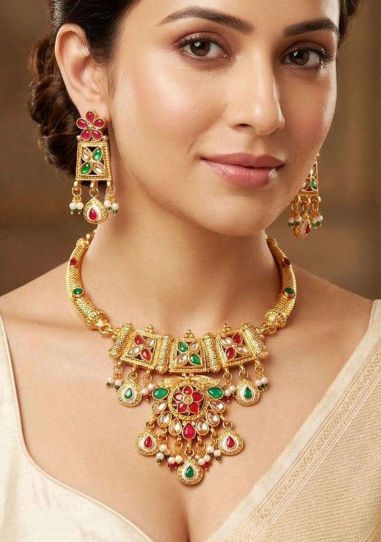 Gold-Plated Temple Necklace and Earrings for Women | Traditional Temple Jewellery for Wedding & Festive Wear | Gift for Her - Indya