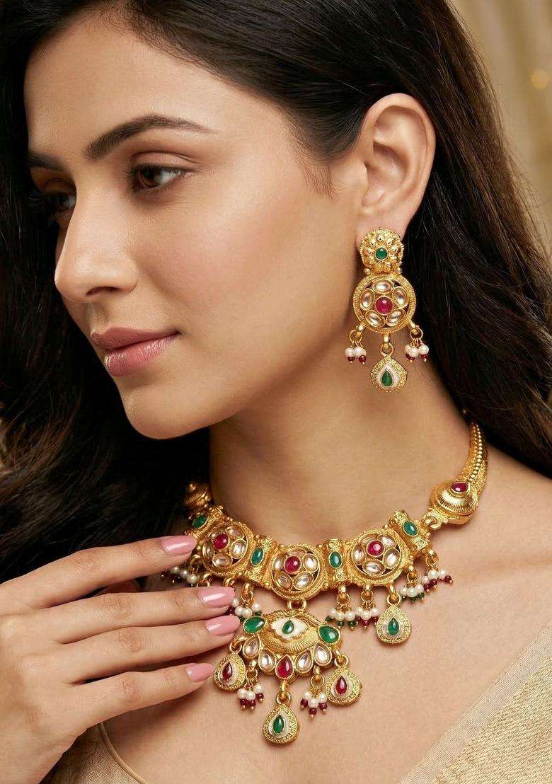 Gold-Plated Temple Necklace and Earrings for Women | Traditional Temple Jewellery for Wedding & Festive Wear | Gift for Her - Indya