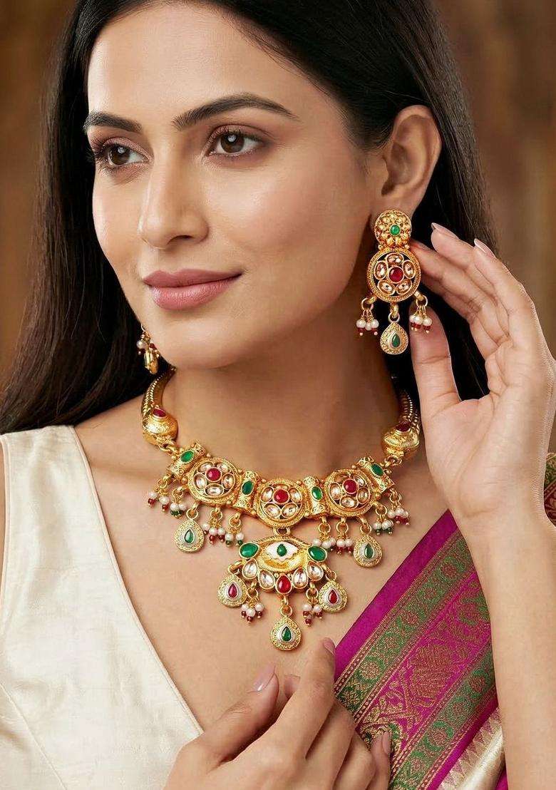 Gold-Plated Temple Necklace and Earrings for Women | Traditional Temple Jewellery for Wedding & Festive Wear | Gift for Her - Indya