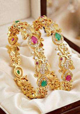 Green Set of 2 Gold-Plated Temple American Diamond Bangle for Women | Traditional Temple Jewellery for Wedding & Festive Wear | Gift for Her