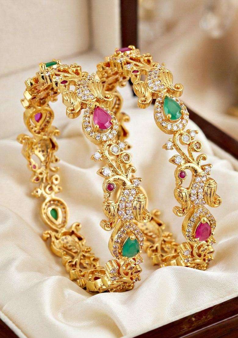 Green Set of 2 Gold-Plated Temple American Diamond Bangle for Women | Traditional Temple Jewellery for Wedding & Festive Wear | Gift for Her - Indya