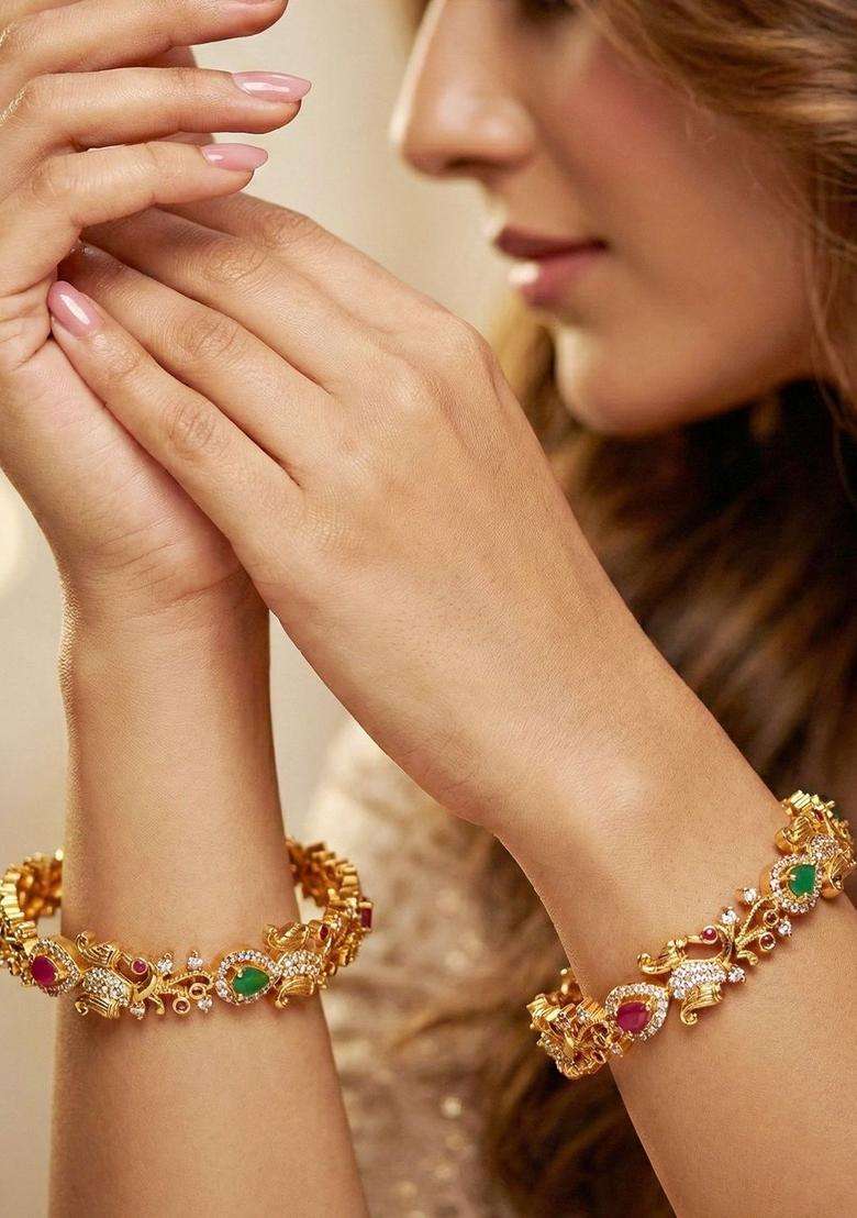 Green Set of 2 Gold-Plated Temple American Diamond Bangle for Women | Traditional Temple Jewellery for Wedding & Festive Wear | Gift for Her - Indya