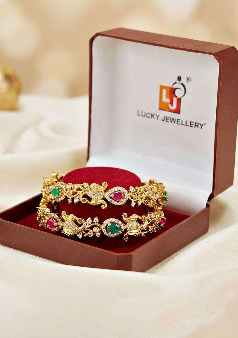 Green Set of 2 Gold-Plated Temple American Diamond Bangle for Women | Traditional Temple Jewellery for Wedding & Festive Wear | Gift for Her - Indya