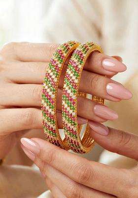 Set of 2 Gold-Plated Temple American Diamond Bangle for Women | Traditional Temple Jewellery for Wedding & Festive Wear | Gift for Her