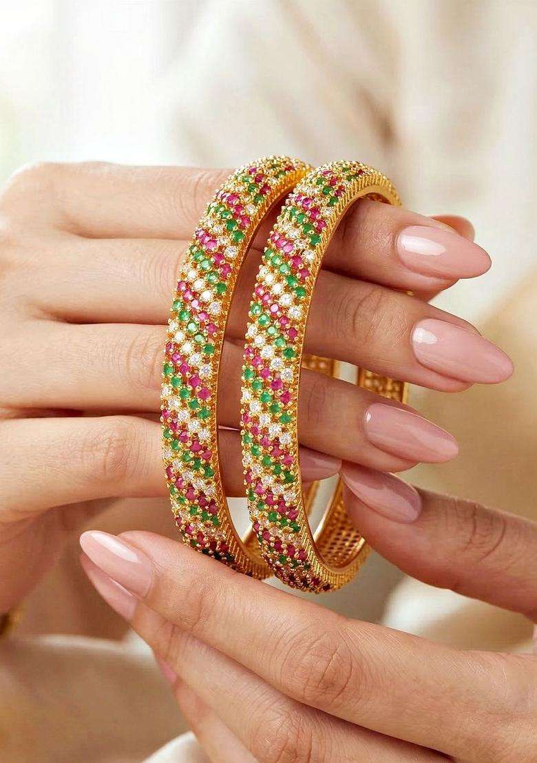 Set of 2 Gold-Plated Temple American Diamond Bangle for Women | Traditional Temple Jewellery for Wedding & Festive Wear | Gift for Her - Indya