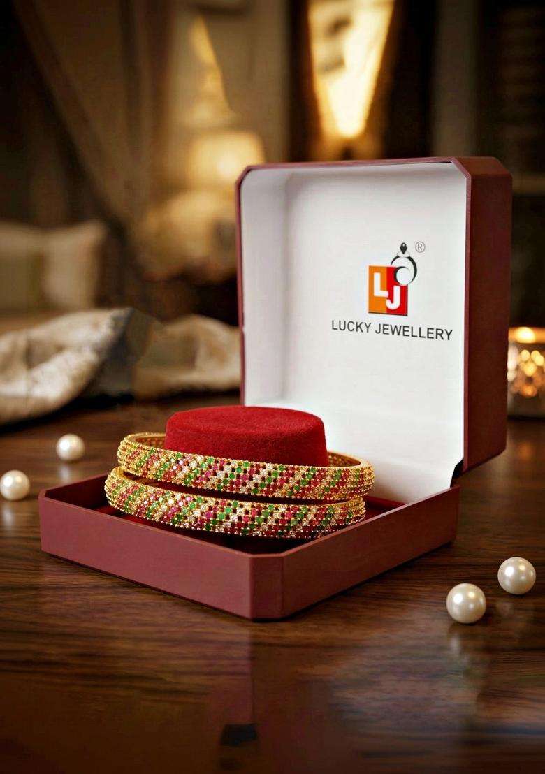 Set of 2 Gold-Plated Temple American Diamond Bangle for Women | Traditional Temple Jewellery for Wedding & Festive Wear | Gift for Her - Indya