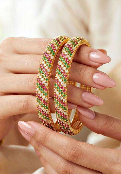 Set of 2 Gold-Plated Temple American Diamond Bangle for Women | Traditional Temple Jewellery for Wedding & Festive Wear | Gift for Her