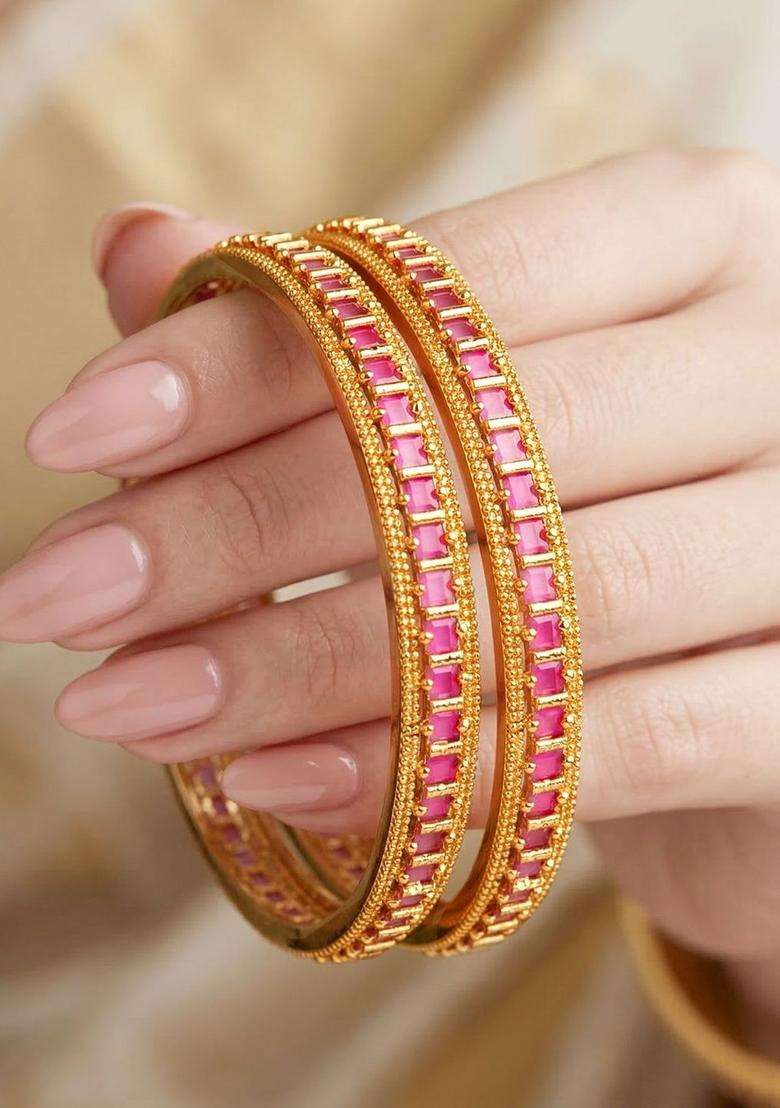 Set of 2 Gold-Plated Temple American Diamond Bangle for Women | Traditional Temple Jewellery for Wedding & Festive Wear | Gift for Her - Indya