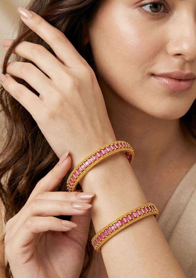 Set of 2 Gold-Plated Temple American Diamond Bangle for Women | Traditional Temple Jewellery for Wedding & Festive Wear | Gift for Her - Indya