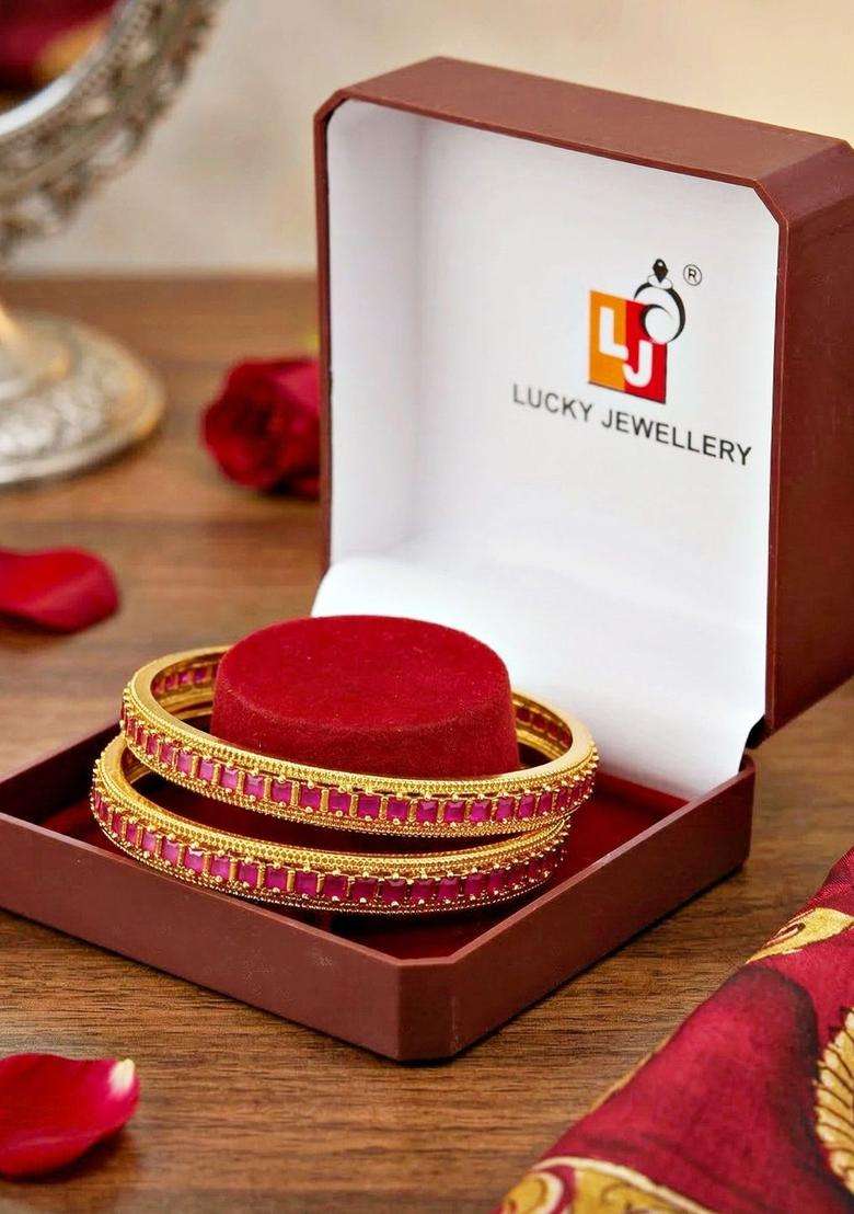 Set of 2 Gold-Plated Temple American Diamond Bangle for Women | Traditional Temple Jewellery for Wedding & Festive Wear | Gift for Her - Indya