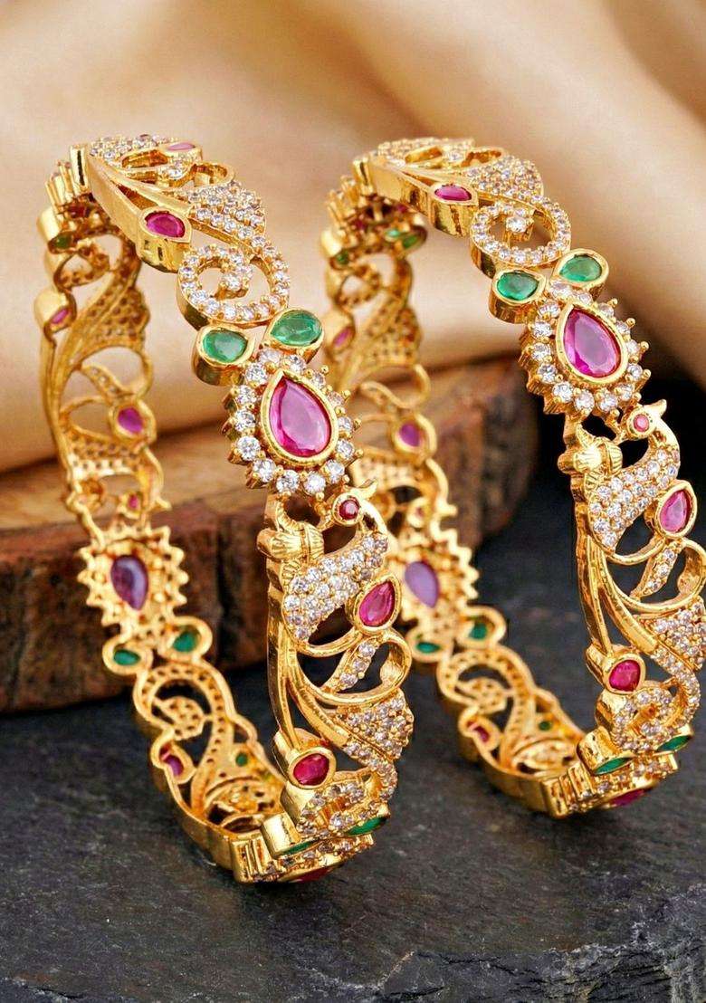 Green Set of 2 Gold-Plated Temple American Diamond Bangle for Women | Traditional Temple Jewellery for Wedding & Festive Wear | Gift for Her - Indya