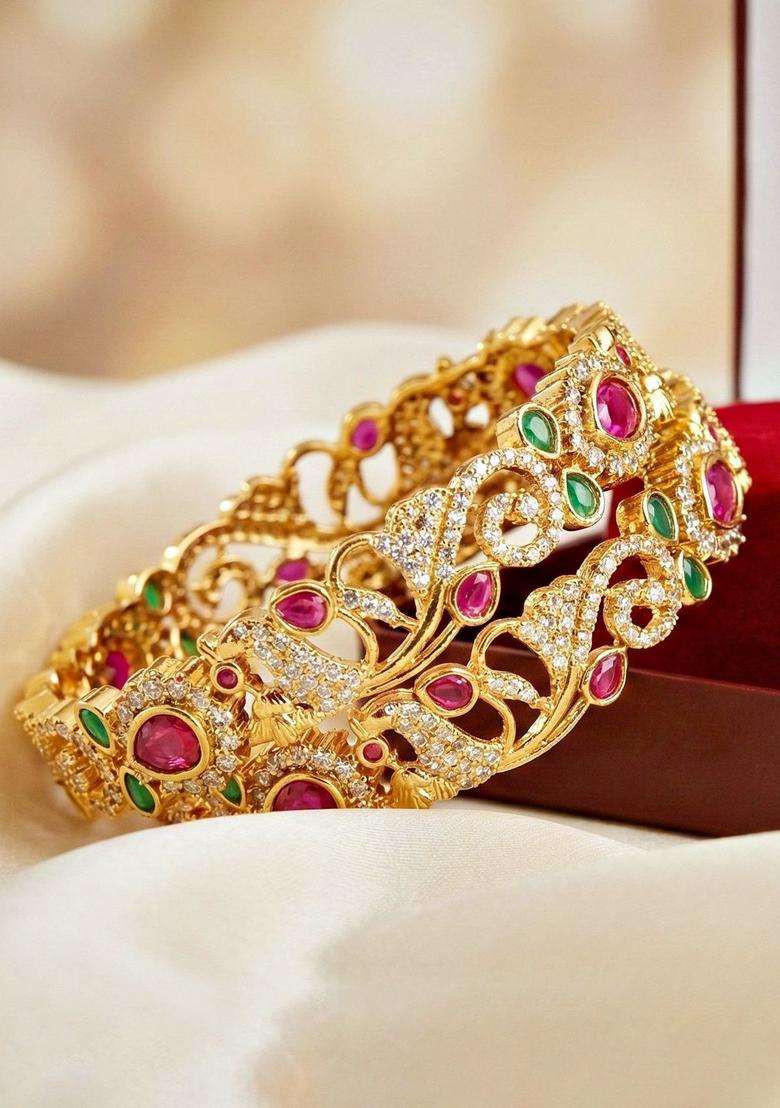 Green Set of 2 Gold-Plated Temple American Diamond Bangle for Women | Traditional Temple Jewellery for Wedding & Festive Wear | Gift for Her - Indya