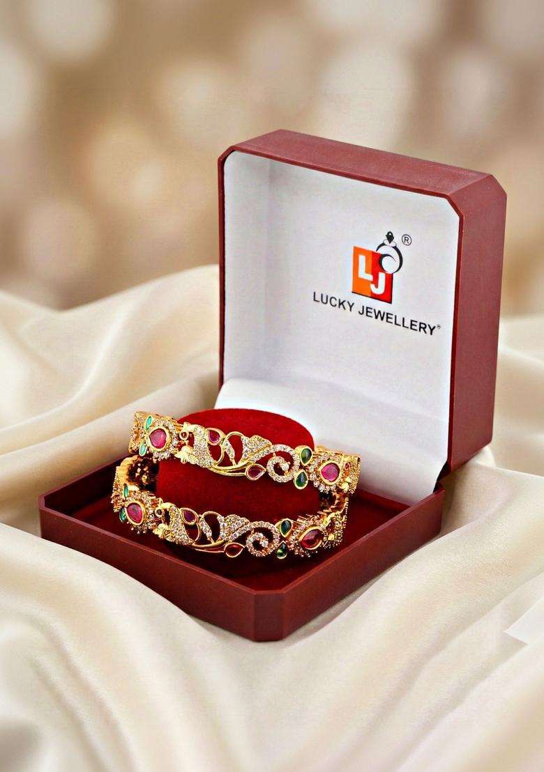 Green Set of 2 Gold-Plated Temple American Diamond Bangle for Women | Traditional Temple Jewellery for Wedding & Festive Wear | Gift for Her - Indya