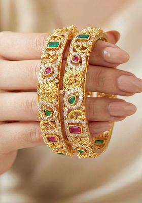 Green Set of 2 Gold-Plated Temple American Diamond Bangle for Women | Traditional Temple Jewellery for Wedding & Festive Wear | Gift for Her