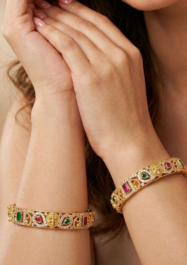 Green Set of 2 Gold-Plated Temple American Diamond Bangle for Women | Traditional Temple Jewellery for Wedding & Festive Wear | Gift for Her - Indya