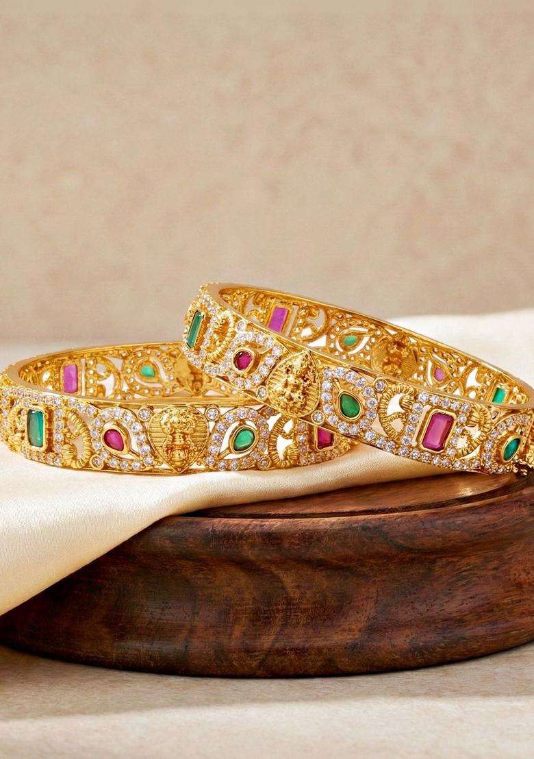Green Set of 2 Gold-Plated Temple American Diamond Bangle for Women | Traditional Temple Jewellery for Wedding & Festive Wear | Gift for Her - Indya