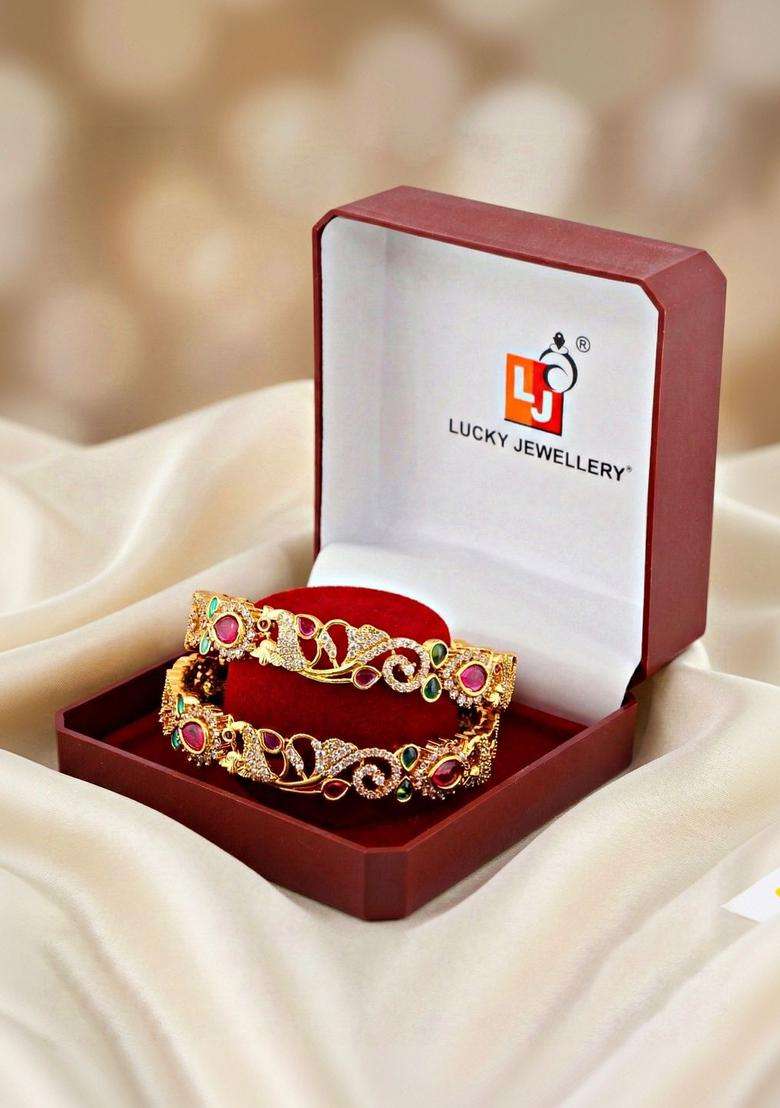 Green Set of 2 Gold-Plated Temple American Diamond Bangle for Women | Traditional Temple Jewellery for Wedding & Festive Wear | Gift for Her - Indya