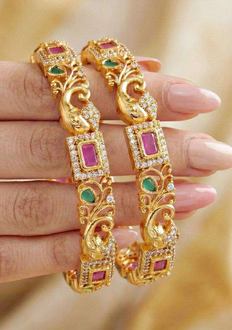 Green Set of 2 Gold-Plated Temple American Diamond Bangle for Women | Traditional Temple Jewellery for Wedding & Festive Wear | Gift for Her - Indya