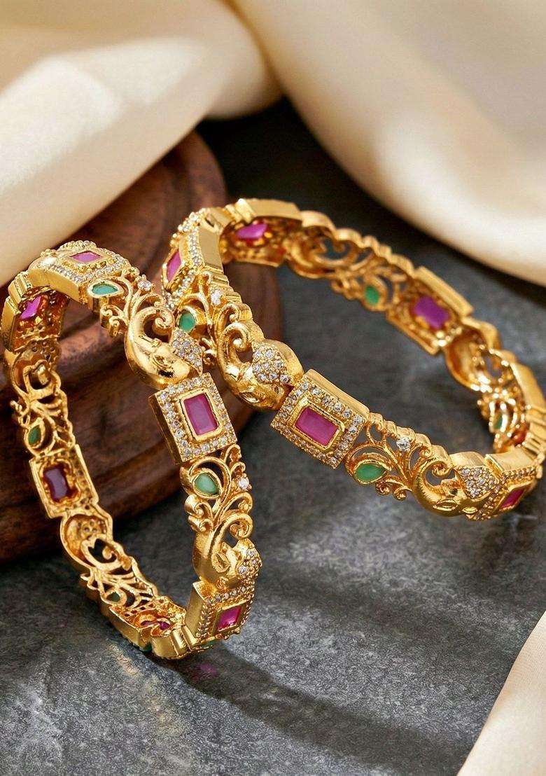 Green Set of 2 Gold-Plated Temple American Diamond Bangle for Women | Traditional Temple Jewellery for Wedding & Festive Wear | Gift for Her - Indya
