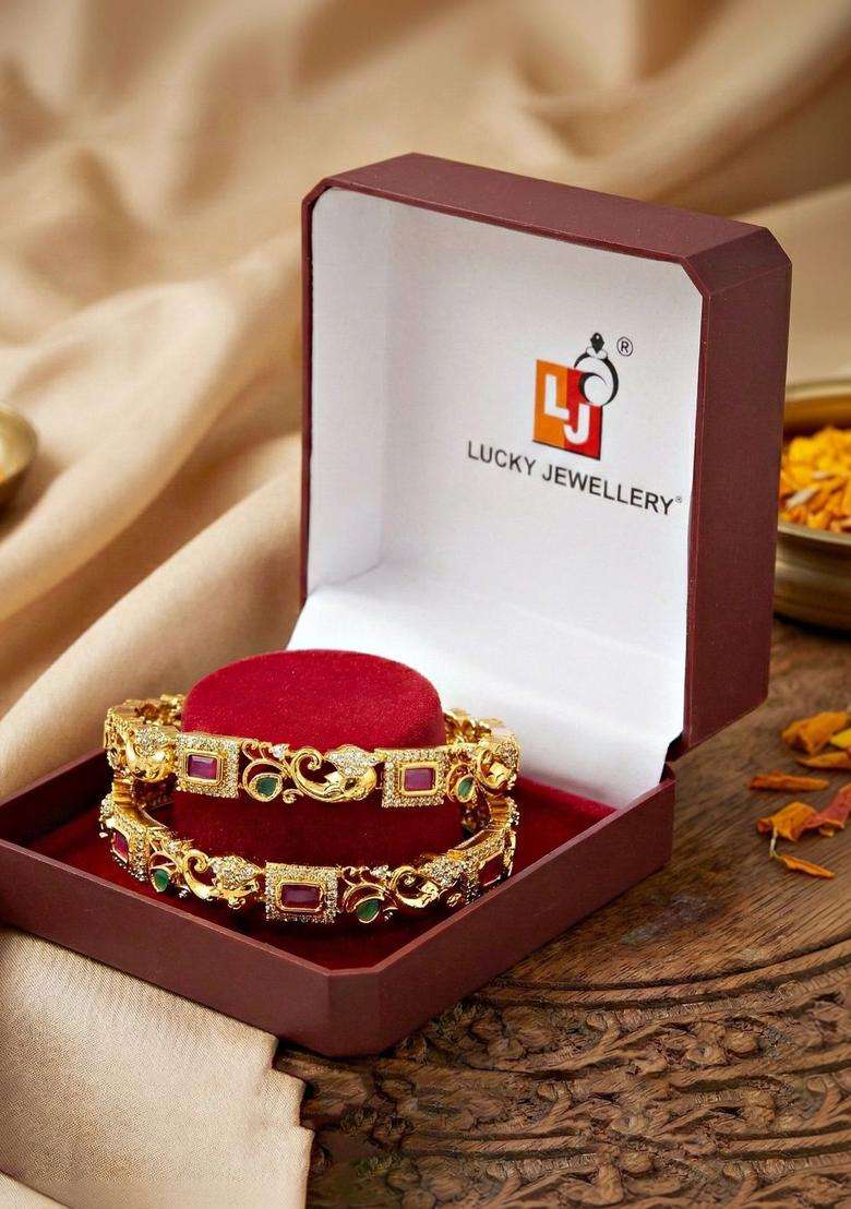 Green Set of 2 Gold-Plated Temple American Diamond Bangle for Women | Traditional Temple Jewellery for Wedding & Festive Wear | Gift for Her - Indya