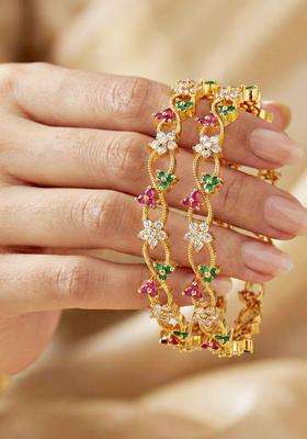Green Set of 2 Gold-Plated Temple American Diamond Bangle for Women | Traditional Temple Jewellery for Wedding & Festive Wear | Gift for Her