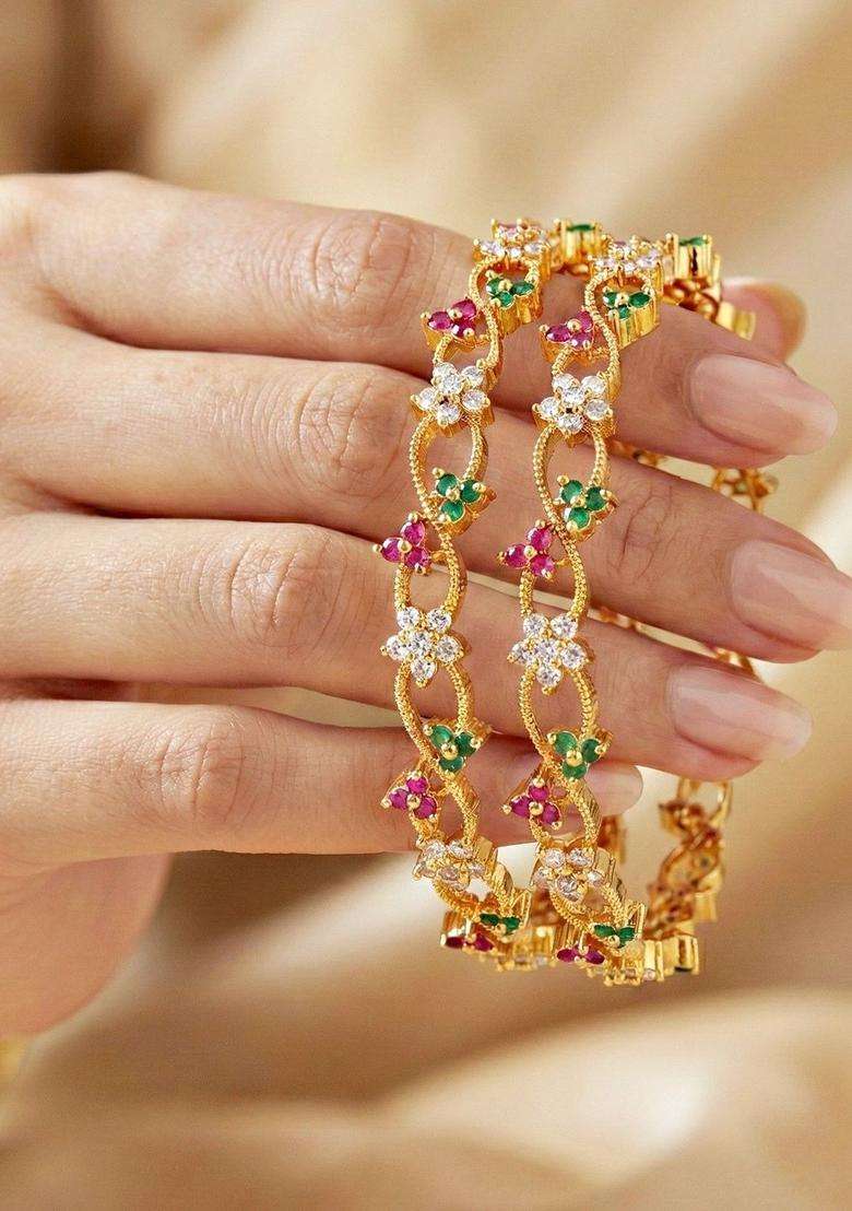Green Set of 2 Gold-Plated Temple American Diamond Bangle for Women | Traditional Temple Jewellery for Wedding & Festive Wear | Gift for Her - Indya