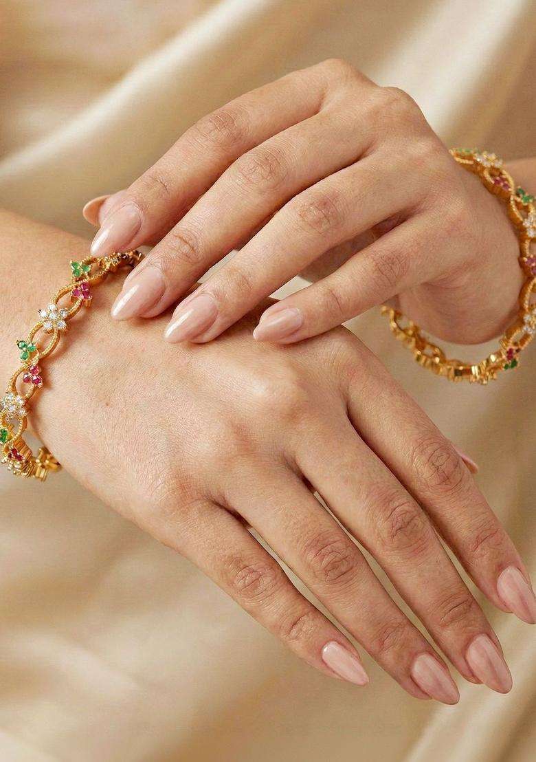 Green Set of 2 Gold-Plated Temple American Diamond Bangle for Women | Traditional Temple Jewellery for Wedding & Festive Wear | Gift for Her - Indya