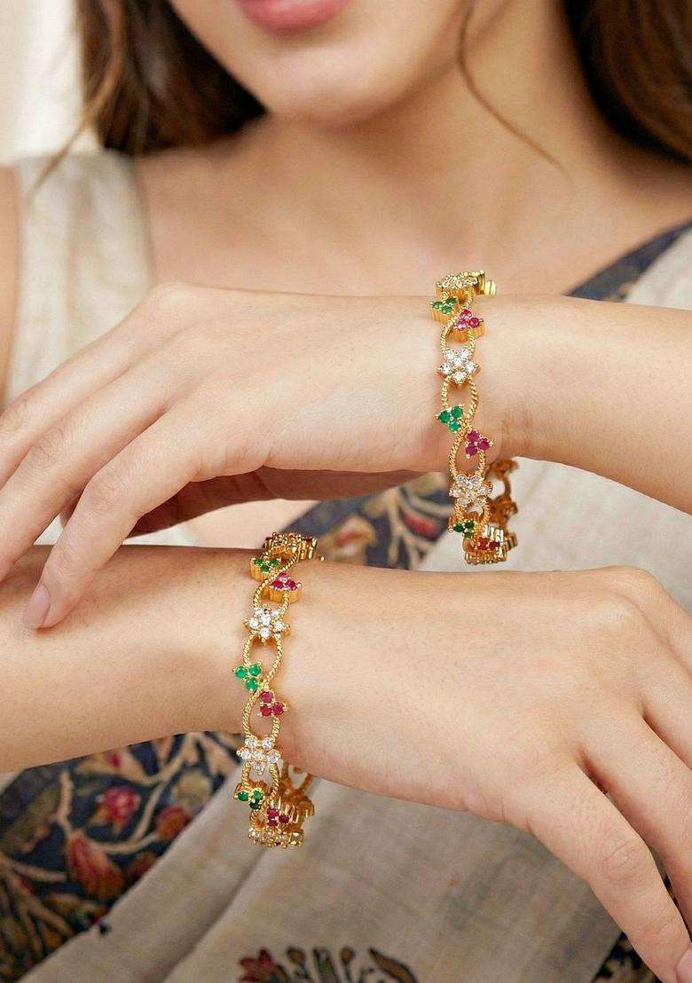 Green Set of 2 Gold-Plated Temple American Diamond Bangle for Women | Traditional Temple Jewellery for Wedding & Festive Wear | Gift for Her - Indya