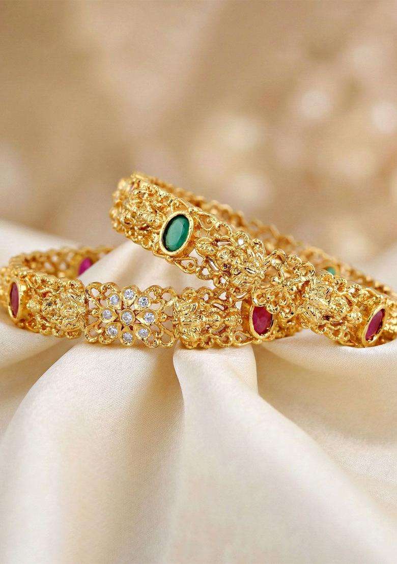Green Set of 2 Gold-Plated Temple American Diamond Bangle for Women | Traditional Temple Jewellery for Wedding & Festive Wear | Gift for Her - Indya