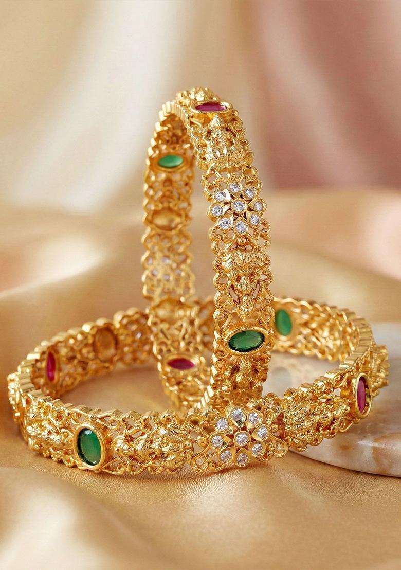 Green Set of 2 Gold-Plated Temple American Diamond Bangle for Women | Traditional Temple Jewellery for Wedding & Festive Wear | Gift for Her - Indya