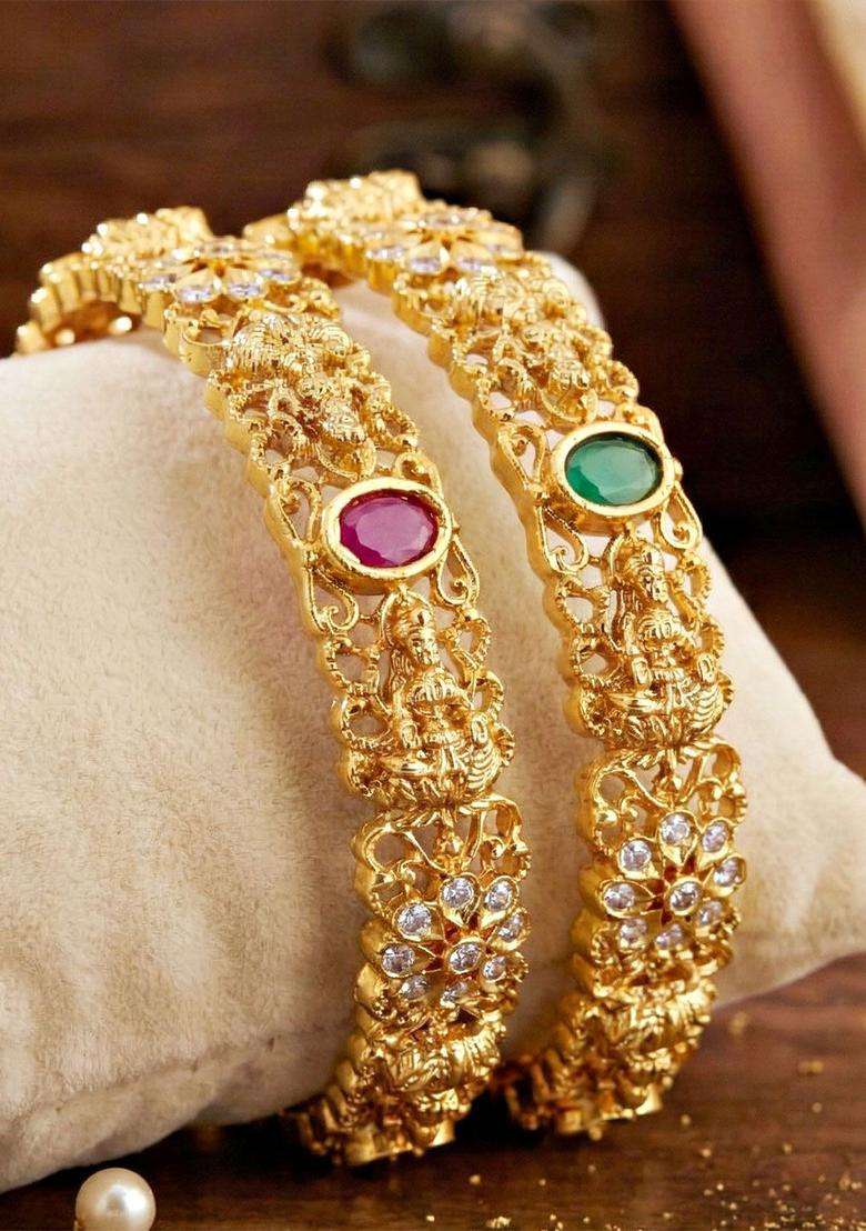 Green Set of 2 Gold-Plated Temple American Diamond Bangle for Women | Traditional Temple Jewellery for Wedding & Festive Wear | Gift for Her - Indya