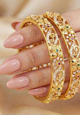 Green Set of 2 Gold-Plated Temple American Diamond Bangle for Women | Traditional Temple Jewellery for Wedding & Festive Wear | Gift for Her