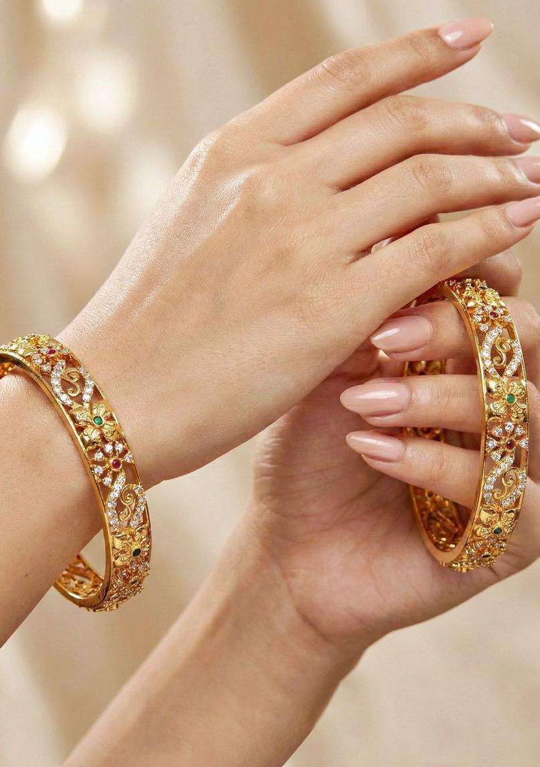 Green Set of 2 Gold-Plated Temple American Diamond Bangle for Women | Traditional Temple Jewellery for Wedding & Festive Wear | Gift for Her - Indya