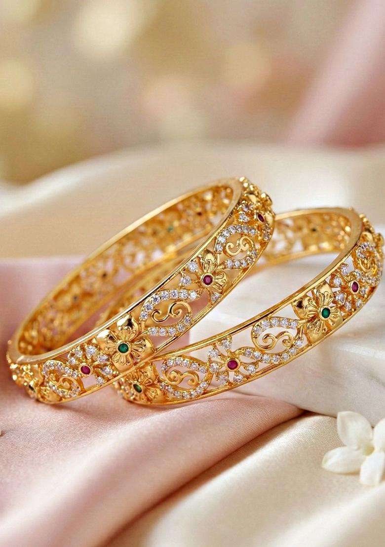 Green Set of 2 Gold-Plated Temple American Diamond Bangle for Women | Traditional Temple Jewellery for Wedding & Festive Wear | Gift for Her - Indya