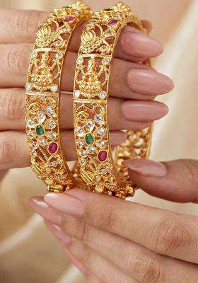 Green Set of 2 Gold-Plated Temple American Diamond Bangle for Women | Traditional Temple Jewellery for Wedding & Festive Wear | Gift for Her