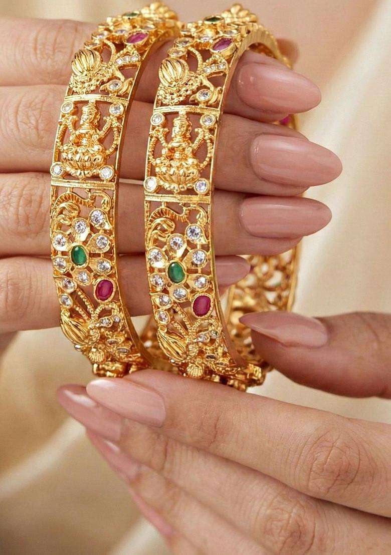 Green Set of 2 Gold-Plated Temple American Diamond Bangle for Women | Traditional Temple Jewellery for Wedding & Festive Wear | Gift for Her - Indya