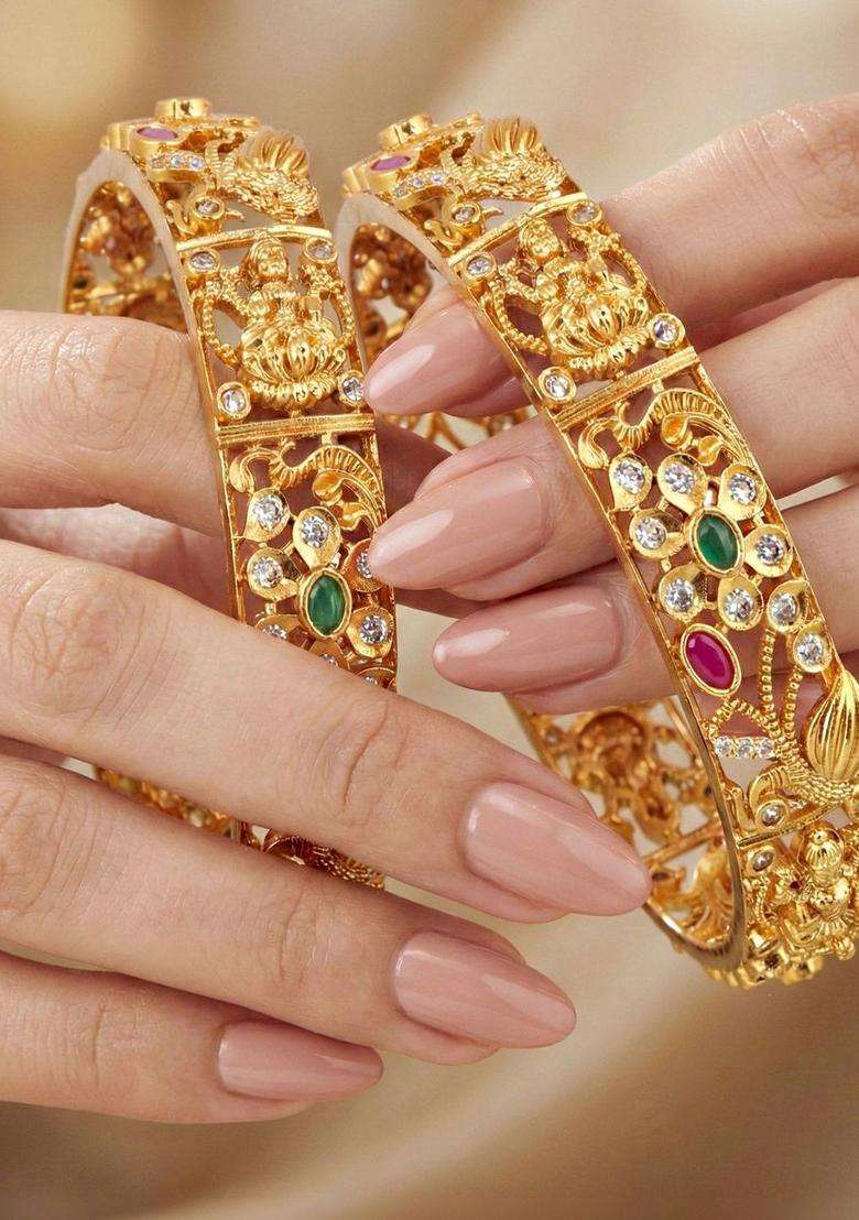 Green Set of 2 Gold-Plated Temple American Diamond Bangle for Women | Traditional Temple Jewellery for Wedding & Festive Wear | Gift for Her - Indya