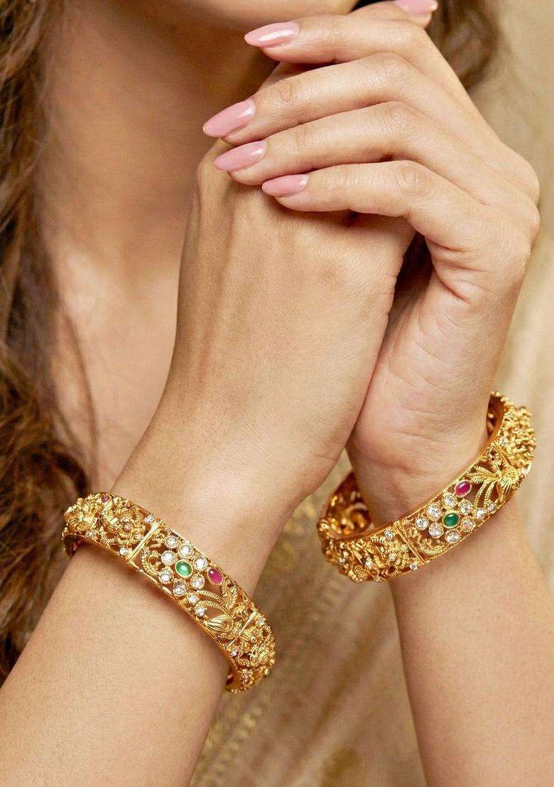 Green Set of 2 Gold-Plated Temple American Diamond Bangle for Women | Traditional Temple Jewellery for Wedding & Festive Wear | Gift for Her - Indya