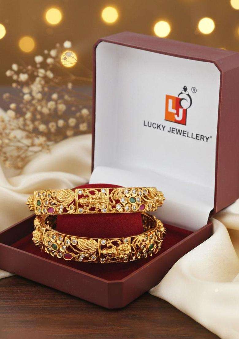 Green Set of 2 Gold-Plated Temple American Diamond Bangle for Women | Traditional Temple Jewellery for Wedding & Festive Wear | Gift for Her - Indya