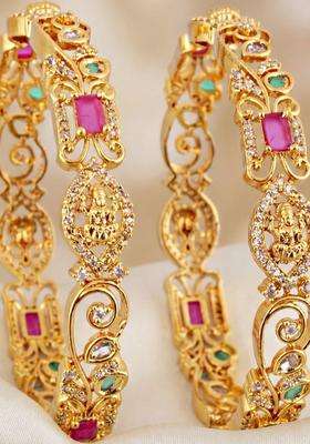 Green Set of 2 Gold-Plated Temple American Diamond Bangle for Women | Traditional Temple Jewellery for Wedding & Festive Wear | Gift for Her