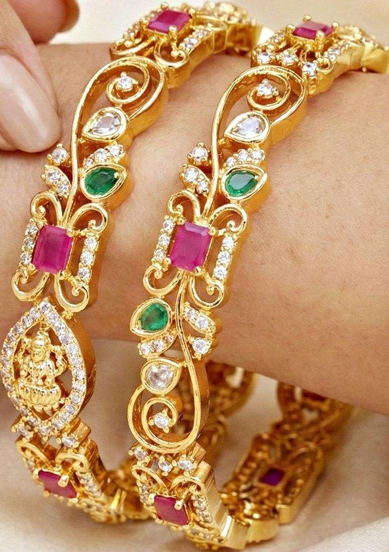 Green Set of 2 Gold-Plated Temple American Diamond Bangle for Women | Traditional Temple Jewellery for Wedding & Festive Wear | Gift for Her - Indya