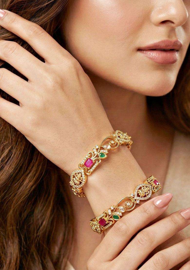 Green Set of 2 Gold-Plated Temple American Diamond Bangle for Women | Traditional Temple Jewellery for Wedding & Festive Wear | Gift for Her - Indya