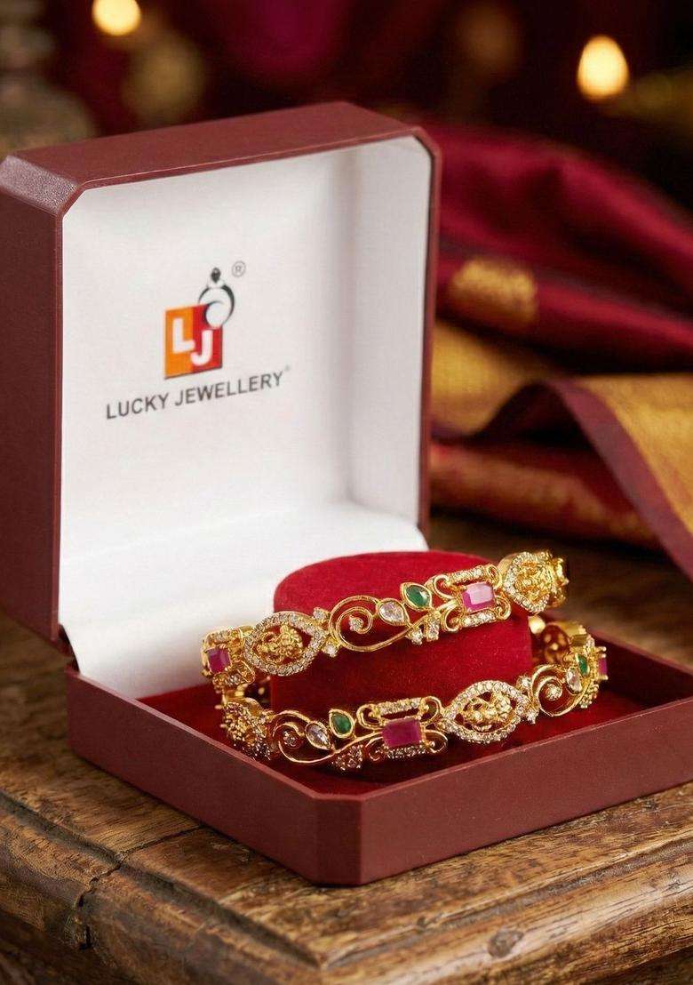 Green Set of 2 Gold-Plated Temple American Diamond Bangle for Women | Traditional Temple Jewellery for Wedding & Festive Wear | Gift for Her - Indya