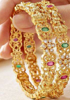 Green Set of 2 Gold-Plated Temple American Diamond Bangle for Women | Traditional Temple Jewellery for Wedding & Festive Wear | Gift for Her