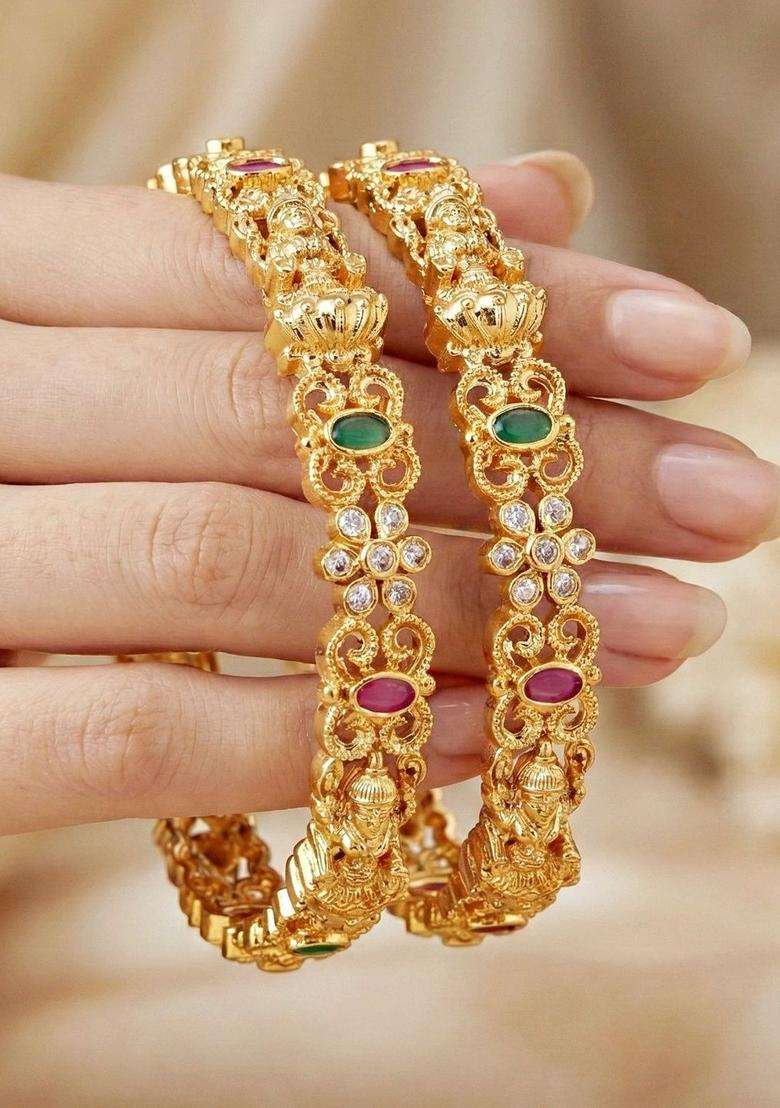 Green Set of 2 Gold-Plated Temple American Diamond Bangle for Women | Traditional Temple Jewellery for Wedding & Festive Wear | Gift for Her - Indya