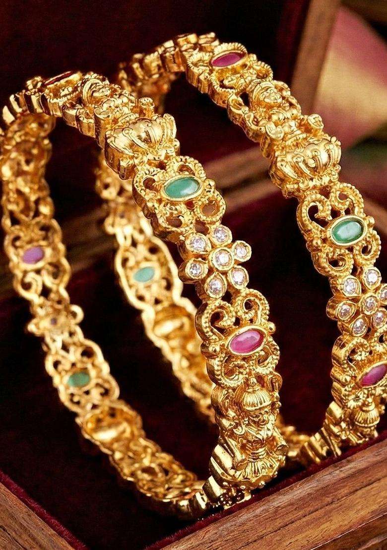 Green Set of 2 Gold-Plated Temple American Diamond Bangle for Women | Traditional Temple Jewellery for Wedding & Festive Wear | Gift for Her - Indya