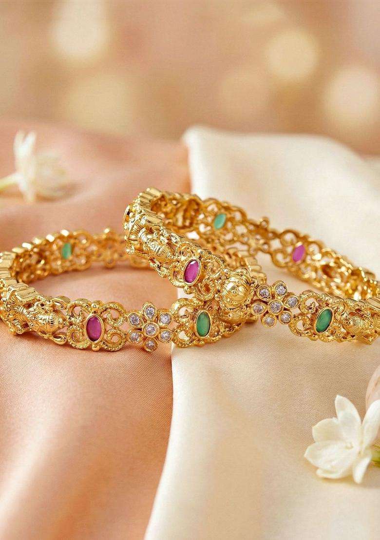 Green Set of 2 Gold-Plated Temple American Diamond Bangle for Women | Traditional Temple Jewellery for Wedding & Festive Wear | Gift for Her - Indya