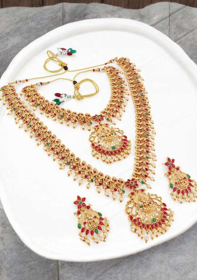 Gold-Plated Stones Studded Choker Double Layer Necklace and Earrings for Women | Traditional Temple Jewellery for Wedding & Festive Wear | Gift for Her - Indya