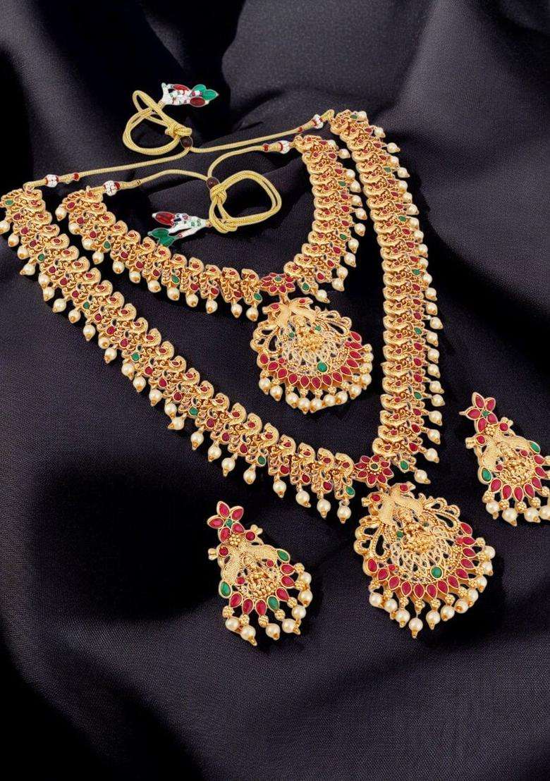 Gold-Plated Stones Studded Choker Double Layer Necklace and Earrings for Women | Traditional Temple Jewellery for Wedding & Festive Wear | Gift for Her - Indya