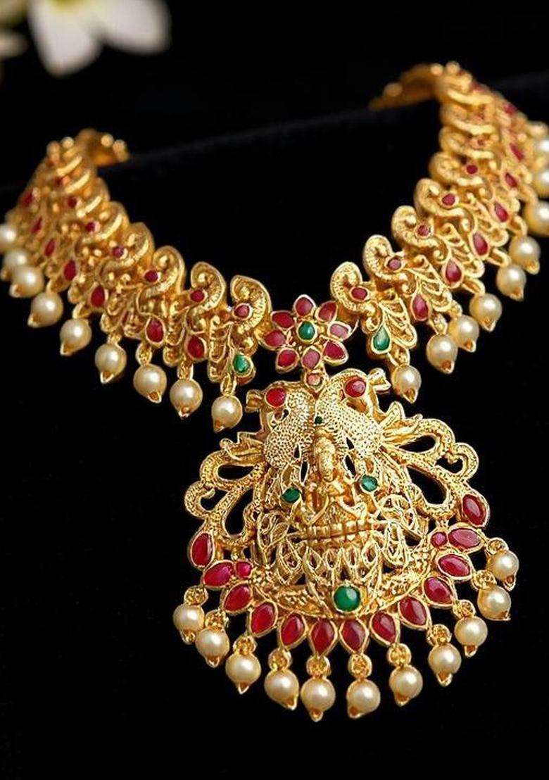Gold-Plated Stones Studded Choker Double Layer Necklace and Earrings for Women | Traditional Temple Jewellery for Wedding & Festive Wear | Gift for Her - Indya